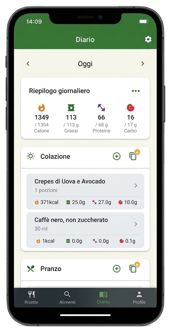 Diario alimentare e macronutrienti app keto